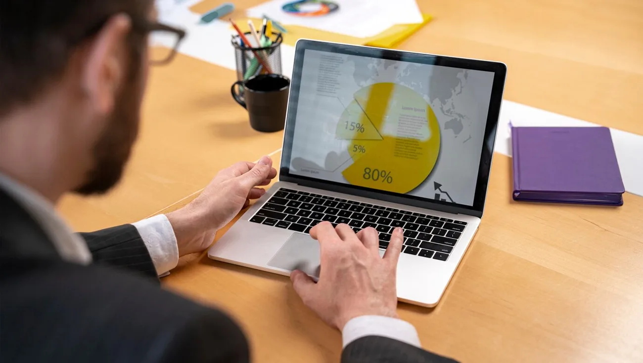 man looking at pie chart in his laptop.webp
